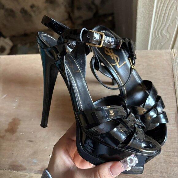 tribute SANDALS in smooth leather in Black | Saint Laurent  YSL Tribute heels